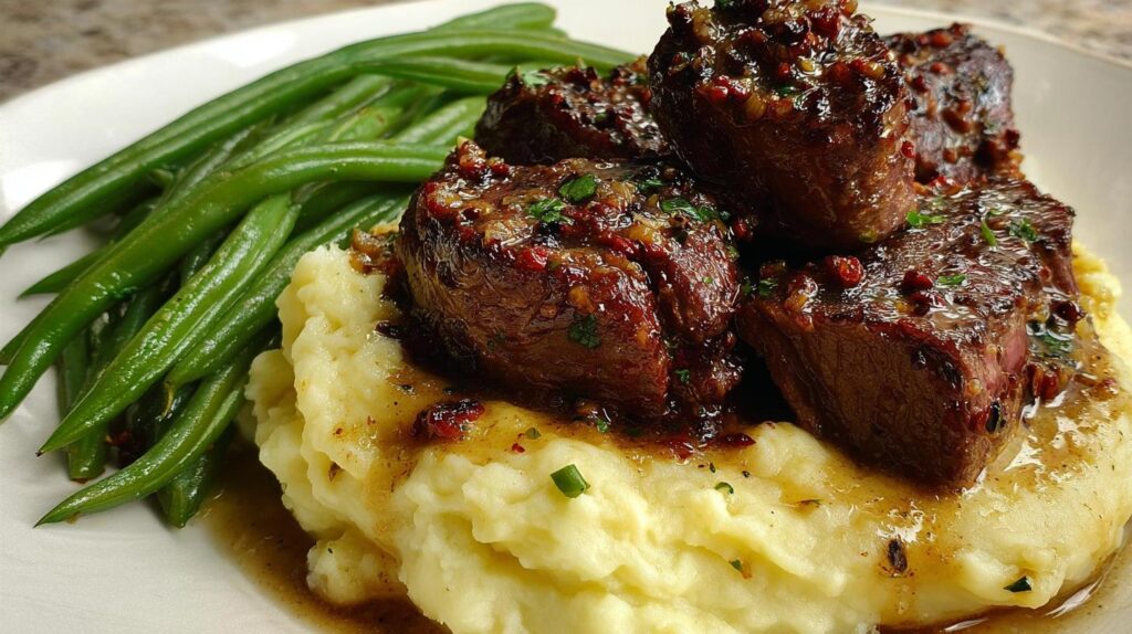 steak bites and mashed potatoes