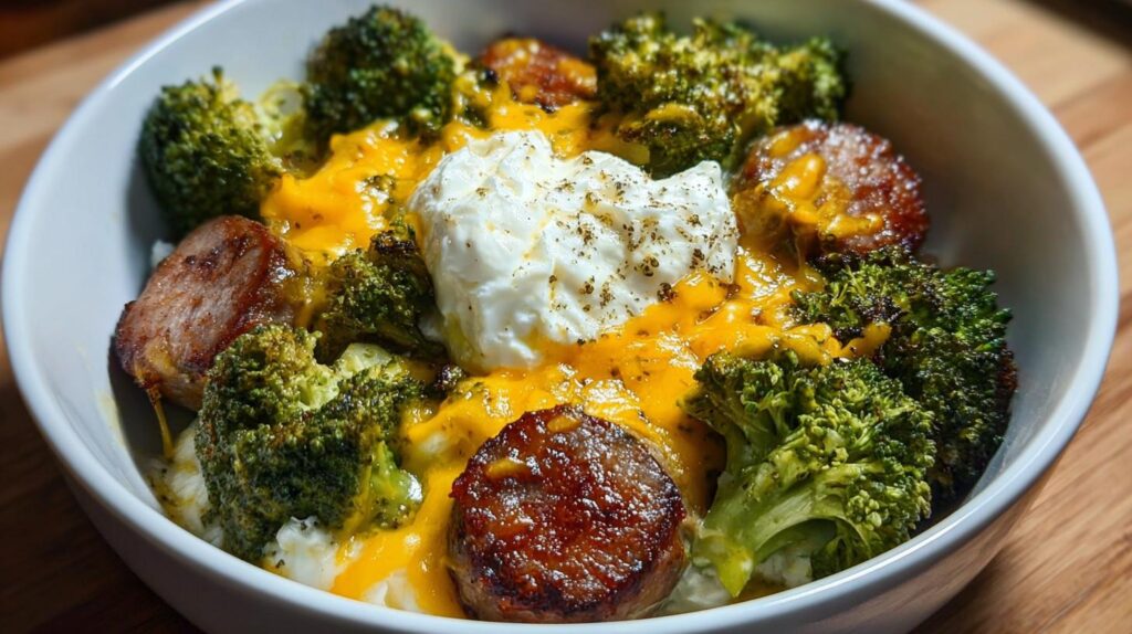 cheesy broccoli and sausage bowl
