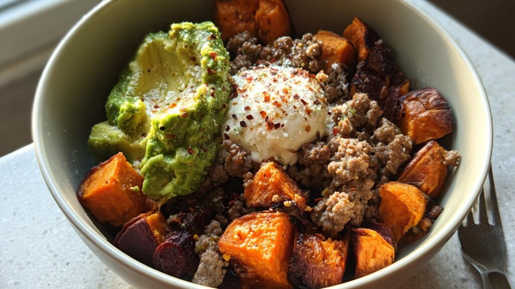 ground beef sweet potato bowl