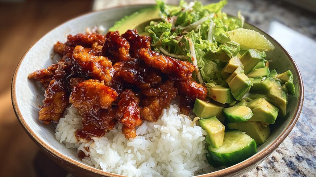 sweet and spicy chicken rice bowl, avocado cucumber salad