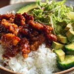 sweet and spicy chicken rice bowl, avocado cucumber salad